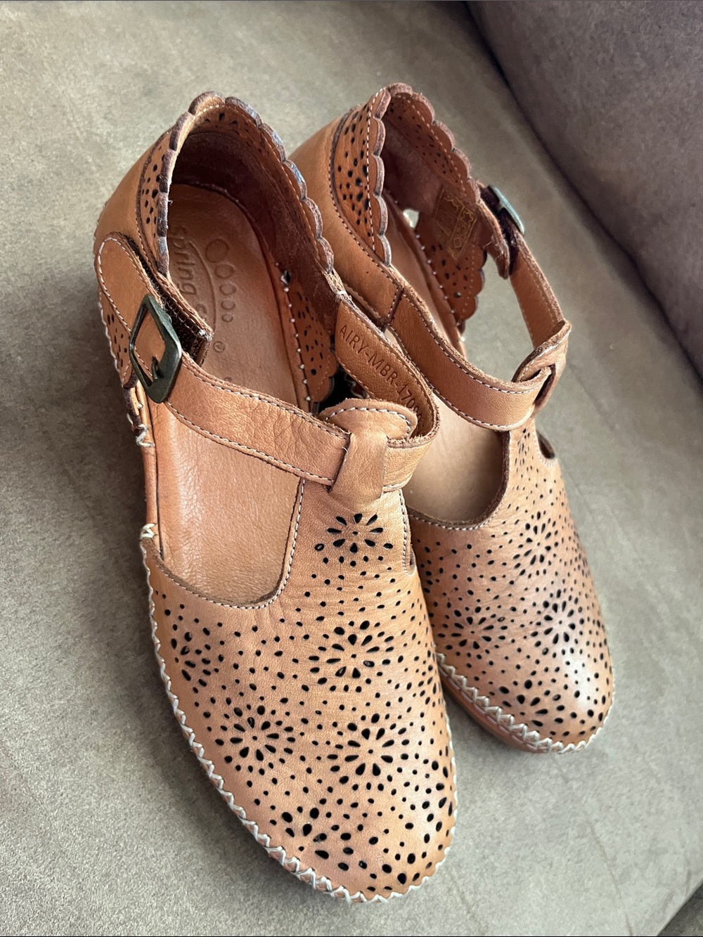 Spring Step Roxela Women's Tan Perforated Leather Mary Jane Clogs size 38